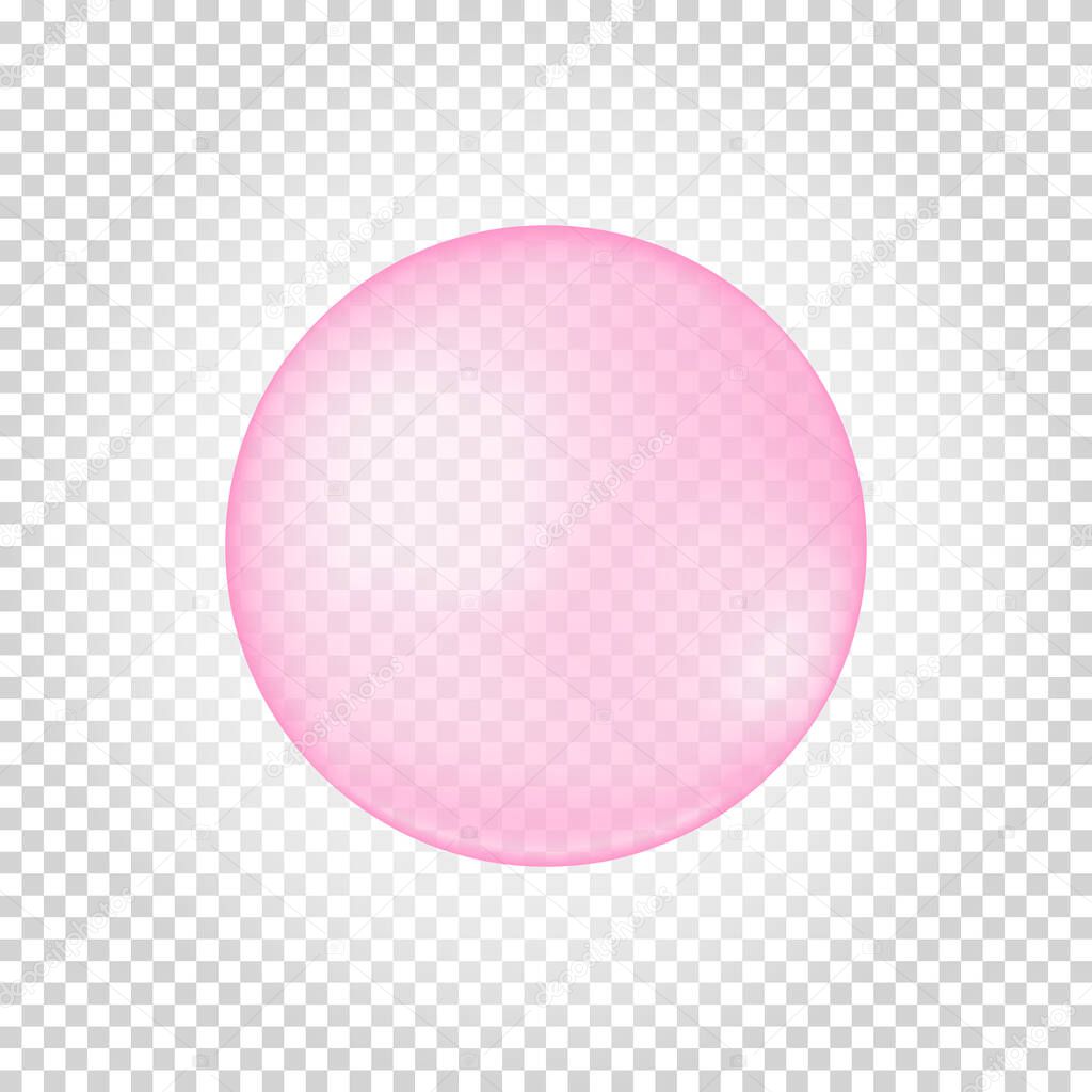 Pink collagen bubble on transparent background. Cherry or strawberry bubble gum. Element of soap foam, bath suds, cleanser liquid, sweet water. Vector realistic illustration