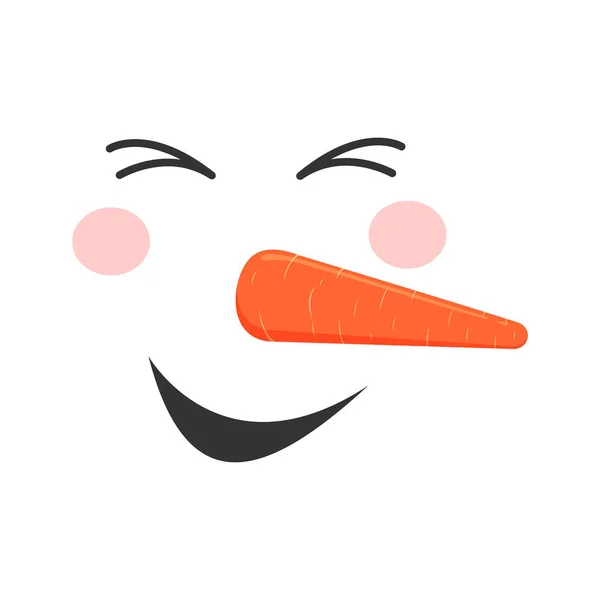 Cara de muñeco de nieve riendo. Linda cabeza de muñeco de nieve con ojos cerrados, boca sonriente, nariz de zanahoria y emoción de disfrute. Diseño de vacaciones de invierno. Dibujos animados vectoriales ilustración — Vector de stock