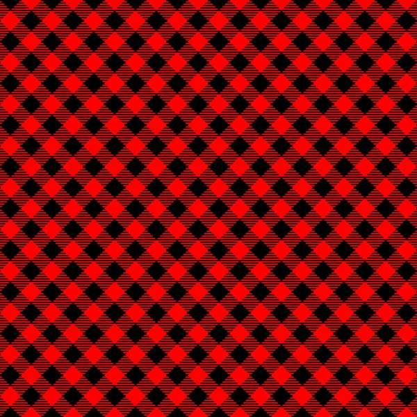 Diagonal red and black buffalo seamless pattern. Checkered lumberjack plaid texture. Geometric background for flannel shirt, picnic blanket, kitchen napkin, tweed coat. Vector flat illustration — Stock Vector