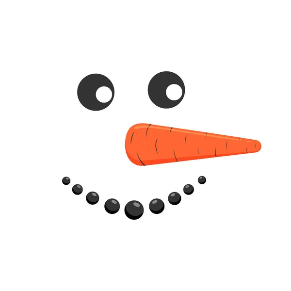 Cara de muñeco de nieve sonriente divertida con nariz de zanahoria. Diseño de vacaciones de invierno. Dibujos animados vectoriales ilustración — Vector de stock