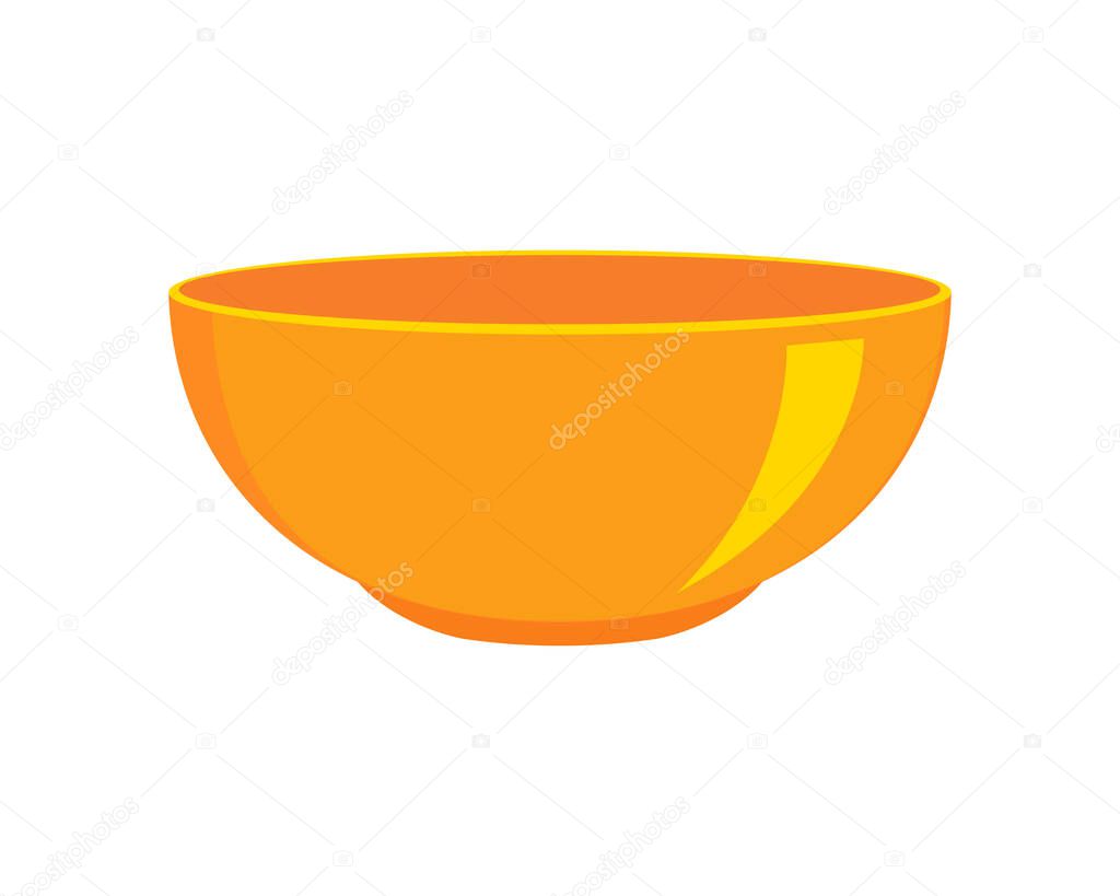 Orange empty plastic or ceramic bowl isolated on white background. Clean dishware for cereal, soup or salad. Vector cartoon illustration