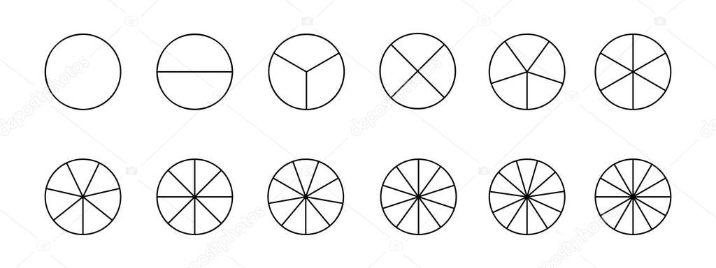 Circles divided in segments from 1 to 12 isolated on white background. Pie or pizza shapes cut in equal parts in outline style. Business chart examples. Vector linear illustration