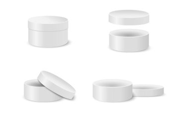 Hediyeler, şapkalar, şekerler, kurabiyeler için yuvarlak karton kutular. Kapalı ve açık gümüş silindir paketler beyaz arka planda izole. Vektör gerçekçi illüstrasyon