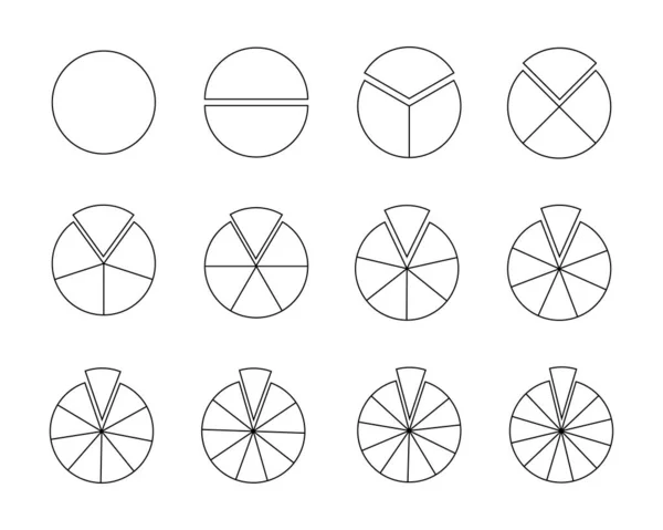 Κύκλοι χωρισμένοι σε τμήματα από το 1 έως το 12. Πίτα ή σχήμα πίτσας κομμένα σε ίσες φέτες σε περίγραμμα στυλ. Στρογγυλή στατιστική διαγράμματα παραδείγματα απομονώνονται σε λευκό φόντο. Γραμμική απεικόνιση διανύσματος — Διανυσματικό Αρχείο