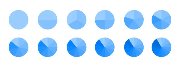1 개에서 12 개 까지의 단색 파랑 조각으로 이루어진 원들은 흰색 배경에 분리되어 있다. 통계 인포 그래픽 예제를 위한 파이 차트. 둥그스름 한 모양을 같은 조각으로 잘라 낸다. 반사기 편평 한 그림 — 스톡 벡터