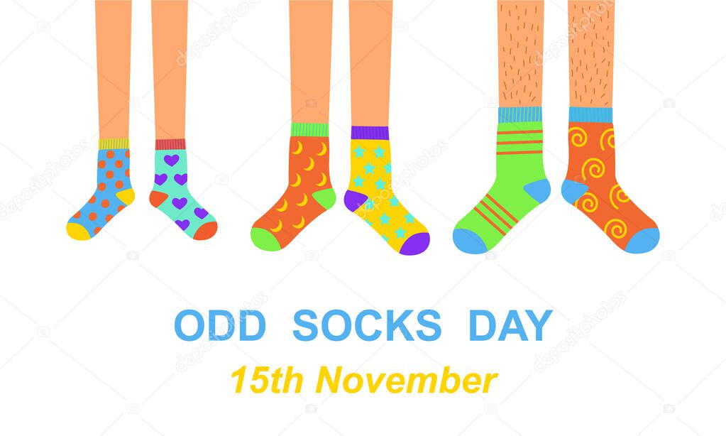 Odd socks day anti bullying week banner. Man, woman, and children feet in different colorful crazy socks. Vector flat illustration