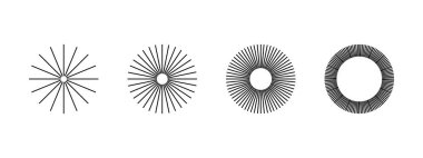 Dairesel şekillerde düz dairesel çizgiler. Güneş ışınları ikonları. Güneş işaretleri. Işık, dönüş, patlama ya da beyaz arka planda izole edilmiş havai fişek sembolleri. Vektör grafik illüstrasyonu.