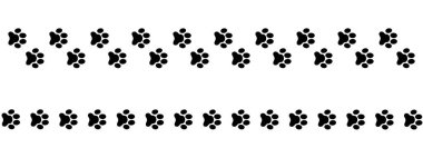 Islak ya da çamurlu patilerden oluşan köpek ya da kedi, köpek ya da kedi izleri. Siyah pati siluetleriyle sınırda. Beyaz arka planda izole edilmiş koşan ya da yürüyen hayvan adımları. Vektör grafik illüstrasyonu.