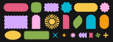 Dalgalı kenarlı renkli temel geometrik formlar kümesi. Y2K şekilleri ve kıvrımlı kenarlı figürler. Koyu arkaplanda boş metin kutusu, etiket ya da etiket şablonları izole edilmiş. Vektör düz resimleme.