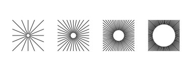 Kare şeklinde düz radyal çizgiler. Güneş patlaması ikonları. Güneş işaretleri. Işık, patlama veya beyaz arka planda izole edilmiş havai fişek sembolleri. Vektör grafik illüstrasyonu.