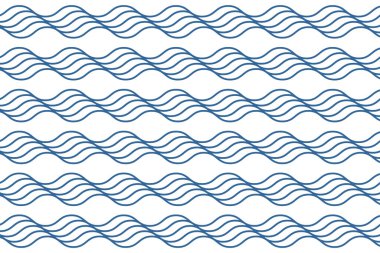 Deniz ya da okyanus dalgaları. Beyaz arka planda tekrarlanan mavi kıvrımlı çizgiler. Su izi. Su dokusu. Deniz süsü. Yaz duvar kağıdı. Yüzme havuzu deseni. Vektör düz resimleme.