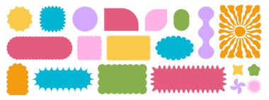 Colorful rectangle and square, oval and circle, sun and star shapes with wavy edges. Cute geometric forms with undulated borders. Empty box, sticker, tag or label templates. Vector flat illustration.
