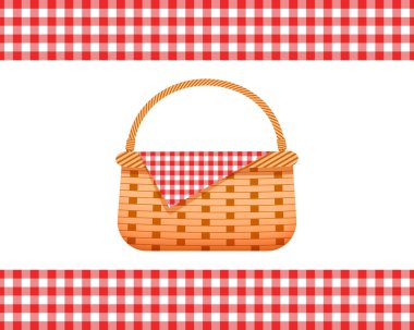 Empty wicker picnic basket with napkin and borders with red checkered gingham texture of napkin. Handmade woven willow hamper isolated on white background. Vector cartoon illustration.