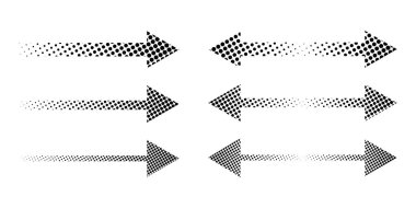 Siyah ok seti ve yarım ton, gürültü veya beyaz arkaplanda izole edilmiş kumlu dokuya sahip çift ok sembolleri. Çizgi film tarzında noktalı yönetmen işaretleri. Vektör grafik çizimleri.