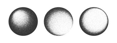 Beyaz arka planda izole edilmiş tahıllı yuvarlak şekiller ya da gürültü dokusu. Farklı ışık ve gölge çizimleri olan toplar. Eğim etkisiyle dairesel şekiller. Vektör grafik illüstrasyonu.