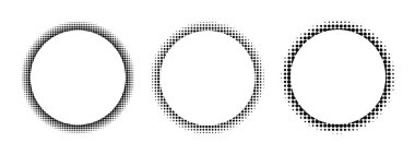 Yarım ton desenli yuvarlak çerçeveler. Beyaz arka planda izole edilmiş noktalı, gürültülü ya da kumlu kenarlı dairesel şekiller. Dekoratif tasarım elementleri. Vektör grafik illüstrasyonu.