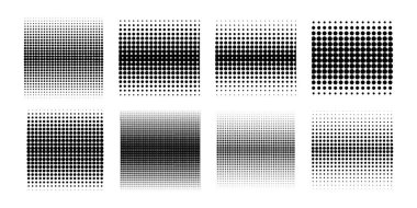 Gürültü, piksel, yarım ton ya da beyaz arkaplanda izole tahıl dokusuna sahip kare şekiller. Puantiyeli dörtgen biçimler. Vektör grafik illüstrasyonu.
