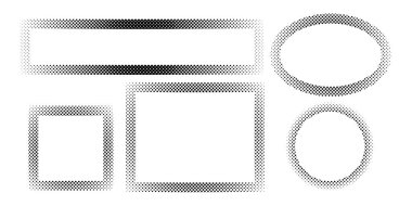 Dikdörtgen, kare, oval ve yuvarlak çerçeveler, yarım ton desenli. Puantiyeli geometrik şekiller, beyaz arka planda izole edilmiş gürültü ya da tahıl sınırları. Vektör grafik illüstrasyonu.