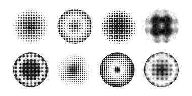 Yuvarlak çerçeveler ve benekli daireler. Gürültülü dairesel şekiller, mozaik ya da karikatür çizgi filminin beyaz arka planda izole edilmiş görsel efektleri. Vektör grafik illüstrasyonu.