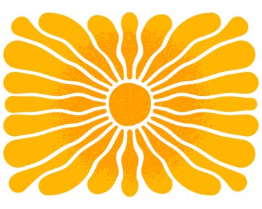 Kumlu desenli harika güneş ışınları. Gün doğumu, gün doğumu ya da gün batımı duvar kağıdı. Bahar ya da yaz temalı arka plan. Mutlu titreşimler konsepti. Modern komik baskı. Moda hippi tasarımı. Vektör düz resimleme.