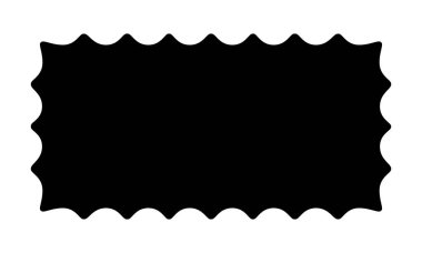 Dalgalı kenarları olan dikdörtgen şekilli. Kavisli kenarlı geometrik form. Beyaz arkaplanda boş metin kutusu, etiket ya da etiket şablonu izole edildi. Vektör grafik illüstrasyonu.