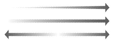 Beyaz arkaplanda yarım ton, piksel veya tahıl dokusuna sahip uzun siyah ok sembolleri seti. Yön, hareket ya da soluk benekli işaretler. Vektör grafik çizimleri.