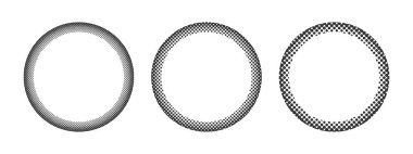Noktalı yarım ton desenli yuvarlak çerçeveler. Çizim haritalı dairesel şekiller, beyaz arkaplanda izole edilmiş polka nokta veya piksel iç kenarlar. Dekoratif tasarım elementleri. Vektör grafik illüstrasyonu.