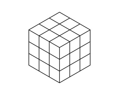 3 boyutlu projeksiyonla bulmaca kübik mantık oyunu. Zeka küpü. Beyaz arkaplanda izole edilmiş basit izometrik küp şekli. Geometrik form, yapı elemanı, mimari blok. Vektör grafik illüstrasyonu.