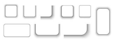 Ağ afişleri, düğmeler, kağıt sayfalar ya da paket kutuları gölge efektleri. Yumuşak bulanık dikdörtgen şekiller. Kare ve dikdörtgen gölgeler beyaz arkaplanda izole edilmiş. Vektör gerçekçi illüstrasyon.