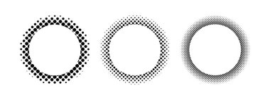 Puantiyeli yuvarlak çerçeveler. Beyaz arka planda izole edilmiş pikselli, gürültülü ya da kumlu kenarlı çember şekilleri. Dairesel dekoratif tasarım elementleri. Vektör grafik illüstrasyonu.