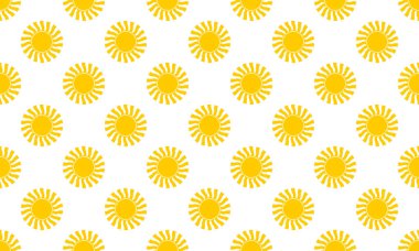 Sevimli sarı güneş kusursuz deseni şekillendirir. Güneş ışığı, güneş ışığı ya da güneş ışığı. Bahar ya da yaz temalı duvar kağıdı. Kumaş veya ambalaj kağıdı tasarımı için mutlu titreşimler. Vektör düz resimleme.