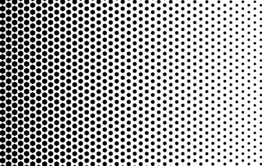 Yarım tonla tekrar eden altıgenlerin etkisi azalıyor. Beyaz arka planda kaybolan siyah bal peteği şekilli desen. Basit geometrik iz. Delinmiş bir yapı. Vektör grafik illüstrasyonu.