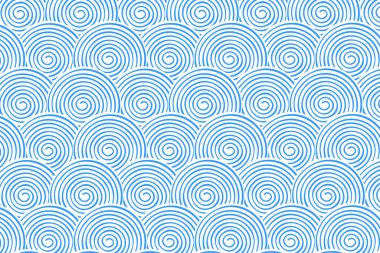 Repeated blue spiral shapes on white background. Sea or ocean waves pattern. Scalloped water or cloud print in oriental style. Abstract minimalist Asian ornament. Vector graphic illustration.