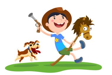 Çubuk atın üstünde oyuncak tabancası olan mutlu bir kovboy. Çocuk beyaz arka planda evcil bir köpekle yürüyor..