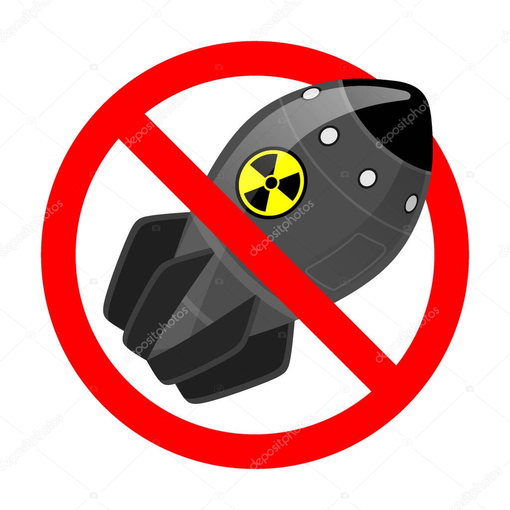 The prohibition of nuclear weapons. Prohibition sign with a bomb. No war. Illustration of  atomic bomb.