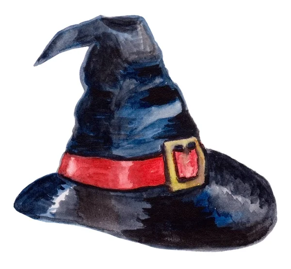 Suluboya el, cadılar bayramı resimlerini altın tokalı siyah cadı şapkasıyla çizdi. Menü ya da kartpostal için süsleme ve Cadılar Bayramı için afiş. Cadılar Bayramı uçan simgesi beyaz arkaplanda izole