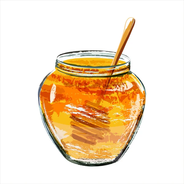 Tarro de vidrio de miel con cazo de madera — Vector de stock