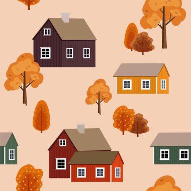 Ağaçlı ve evli desen. Sonbahar manzarası. Vektör kusursuz dokusu.