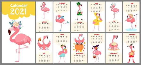 Милий Стилізований Щомісячний Календар 2021 Рік Фламінго Може Використовуватися Банерів — стоковий вектор