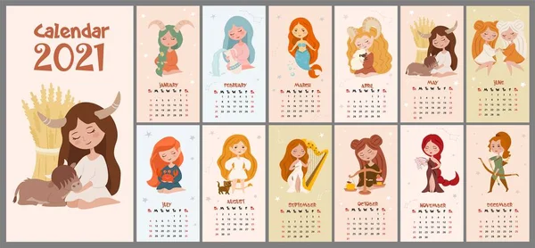 Прекрасний Зодіаковий Щомісячний Календар 2021 Рік Символи Гороскопа Астрологія Може — стоковий вектор