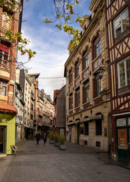 Rouen. France. 19 October 2019. Beautiful street in the center of Rouen on a sunny day. 