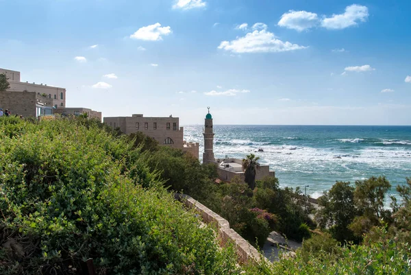 Minaret Bahr Mosque Blue Mediterranean Sea Old City Jaffa Israel — Stock Photo, Image