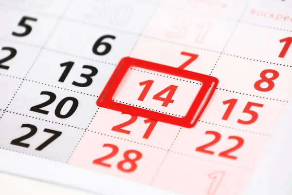 Sheet of wall calendar with red mark on 14 February - Valentines day — Stock Photo, Image