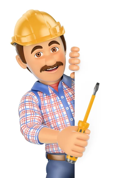 3D Electrician with a screwdriver pointing aside. Blank space — Stock Photo, Image