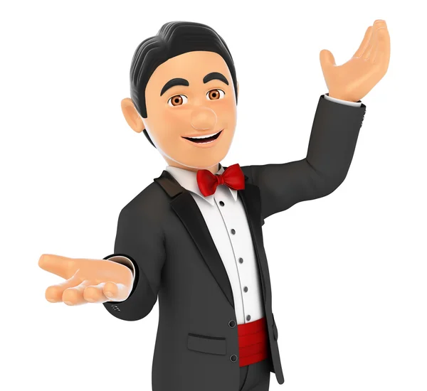 3D Tuxedo man presenting something with their hands up — Stock Photo, Image