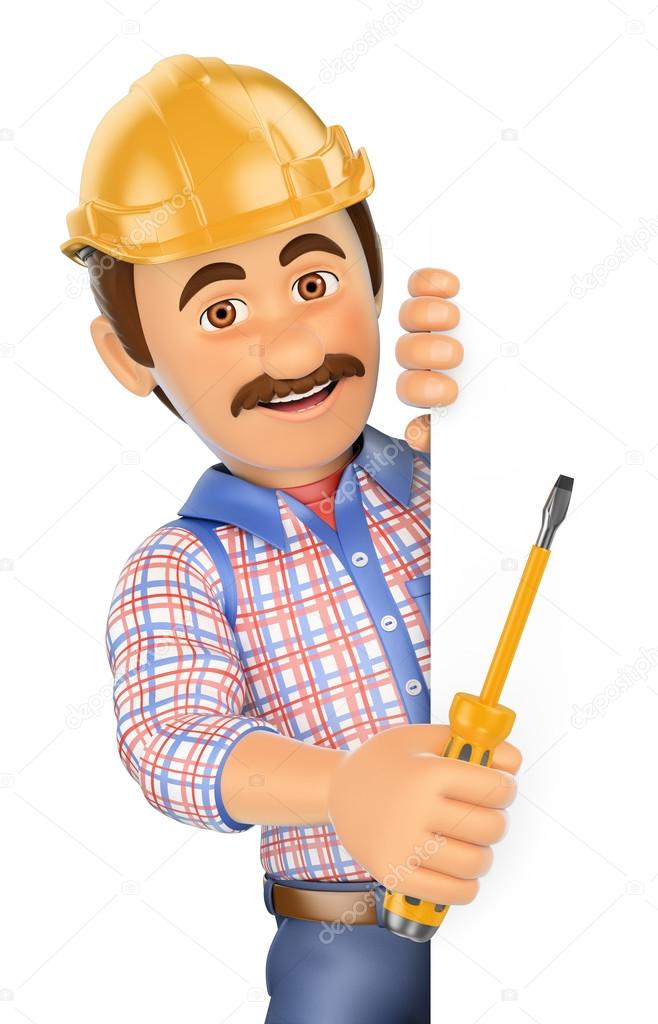 3D Electrician with a screwdriver pointing aside. Blank space