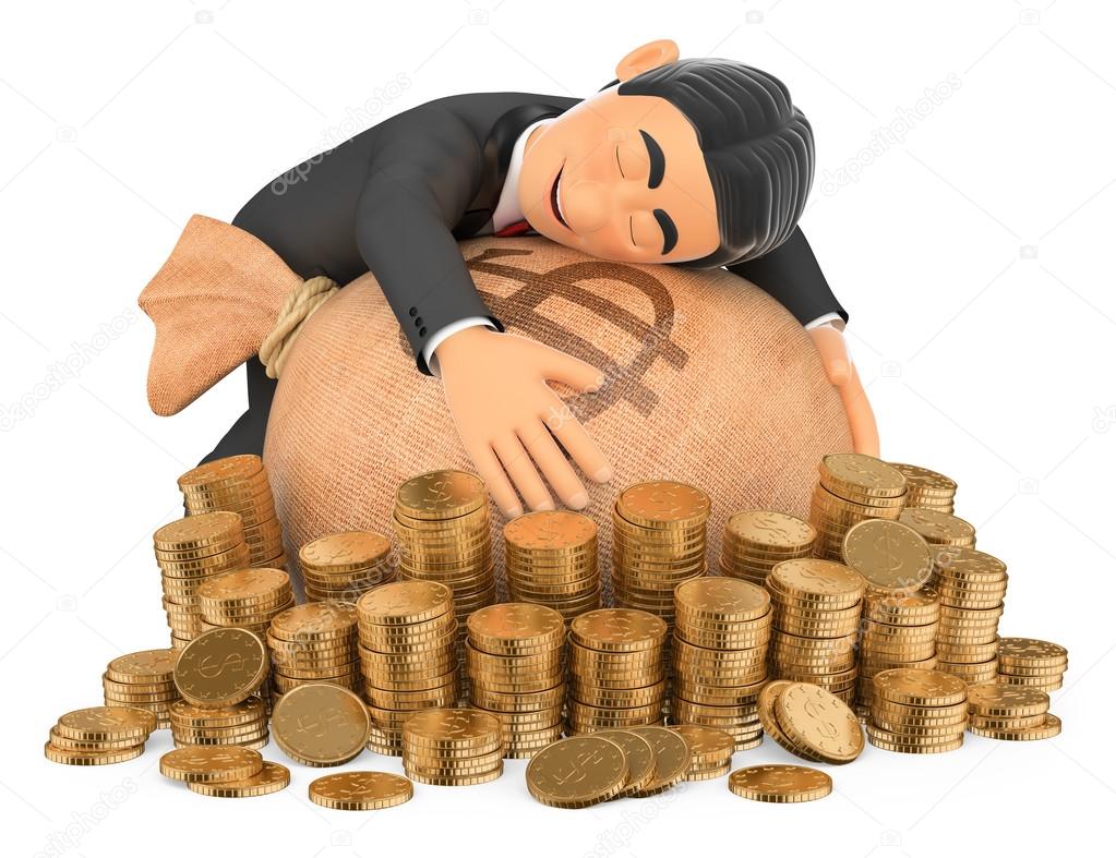 3D Tuxedo rich man hugging his money