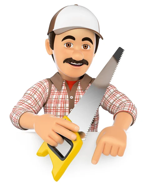 3D Carpenter with saw pointing down. Blank space — Stock Photo, Image