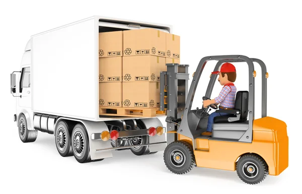 Trabalhador 3D dirigindo uma empilhadeira carregando um caminhão — Fotografia de Stock