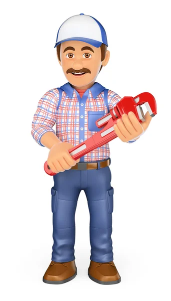 3D Plumber with a pipe wrench — Stock Photo, Image